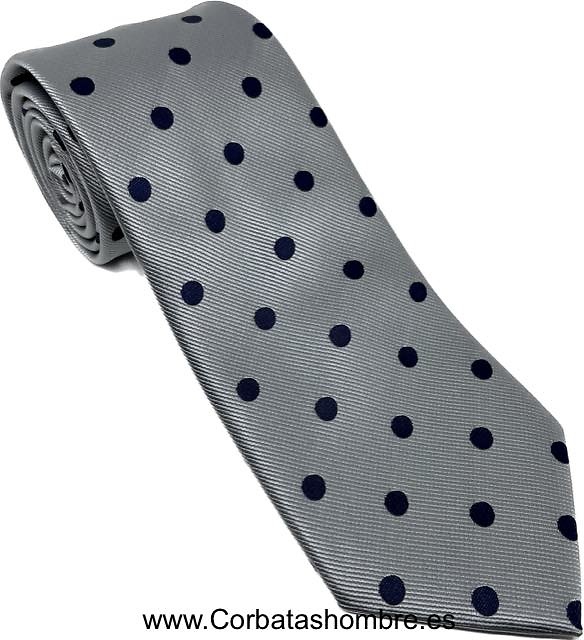 CORBATA GRIS CLARO CON LUNARES AZUL MARINO ELEGANTE 