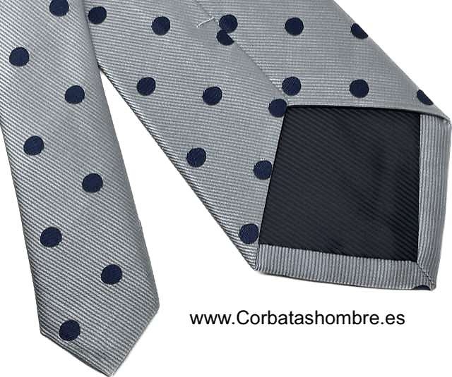 CORBATA GRIS CLARO CON LUNARES AZUL MARINO ELEGANTE 