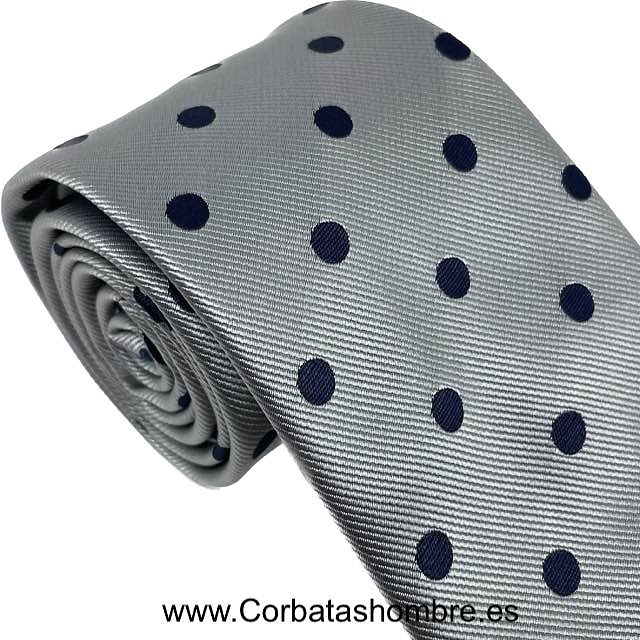 CORBATA GRIS CLARO CON LUNARES AZUL MARINO ELEGANTE 