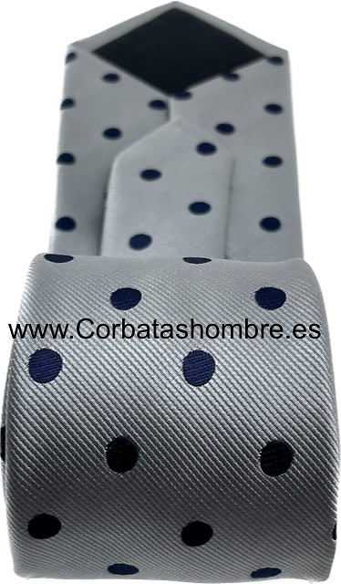 CORBATA GRIS CLARO CON LUNARES AZUL MARINO ELEGANTE 