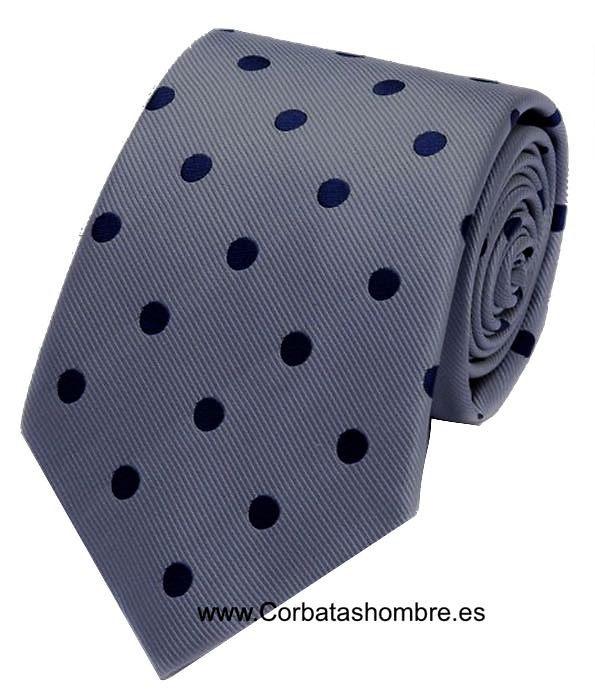 CORBATA GRIS CLARO CON LUNARES AZUL MARINO ELEGANTE 