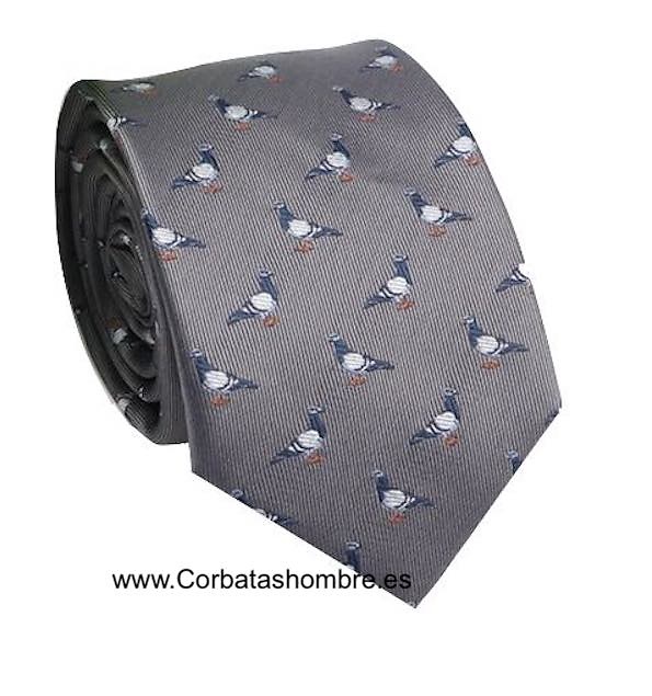 CORBATA GRIS MEDIO CON UN ORIGINAL DIBUJO DE PALOMAS 