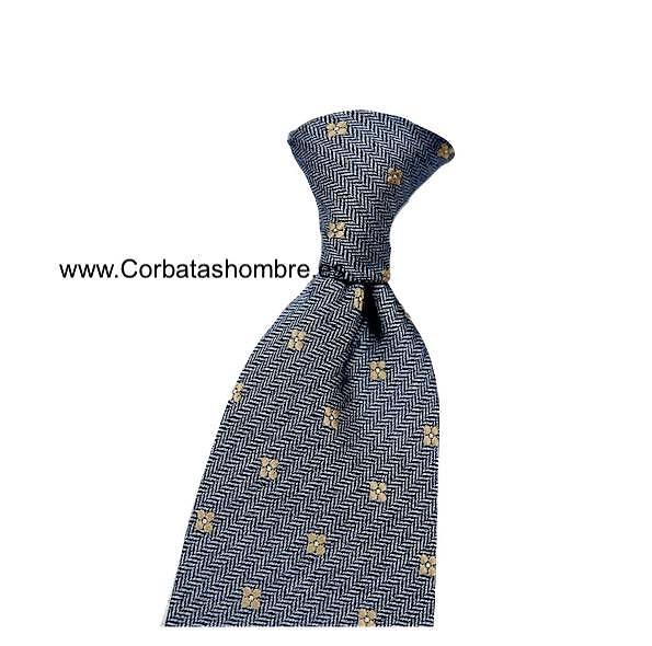 CORBATA GRIS OSCURA CON DIBUJO DE ESPIGA EN ZIGZAG Y FLORES PEQUEÑAS AMARILLAS 