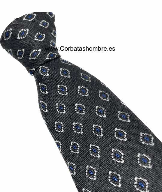 CORBATA GRIS OSCURA CON MEDALLONES BARROCOS PEQUEÑOS EN BLANCO Y AZUL 