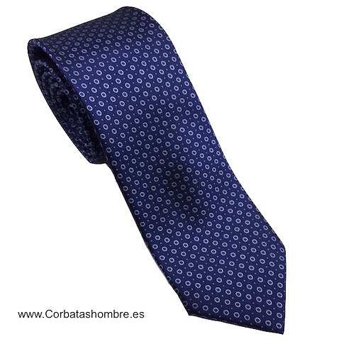 CORBATA ITALIANA AROS Y TOPOS BLANCOS SOBRE AZUL MARINO 