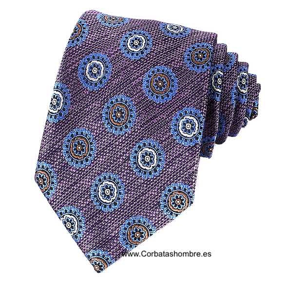 CORBATA MALVA Y MORADA CON DIBUJO ROSETONES AZULES CLAROS ASPECTO LINO 