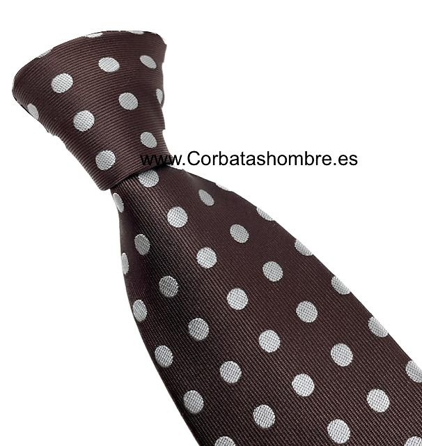 CORBATA MARRÓN CHOCOLATE CON LUNARES BLANCOS MEDIANOS 