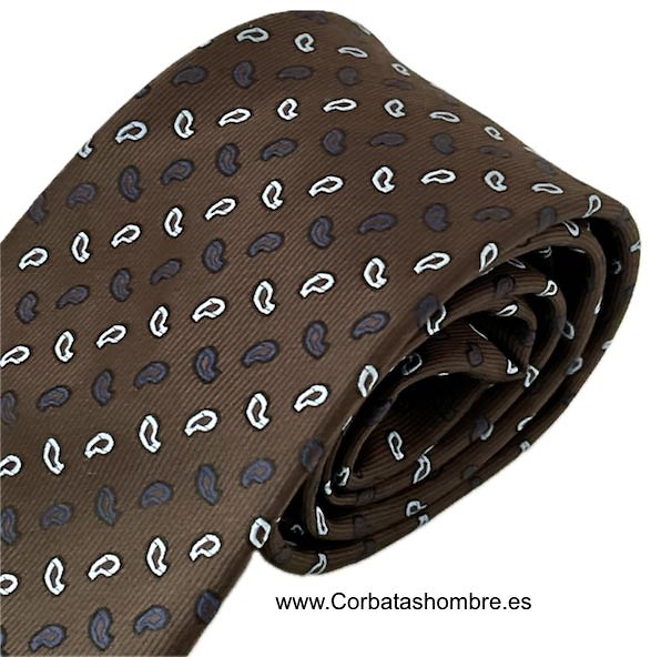 CORBATA MARRÓN CHOCOLATE DE MINI CACHEMIRES. AZUL CELESTE Y AZUL MARINO 