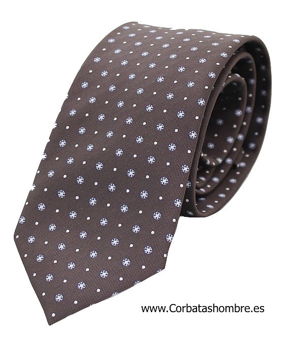 CORBATA MARRÓN CON FLORES AZULES Y BLANCAS 