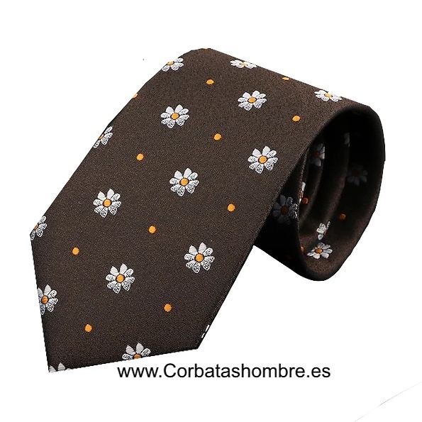 CORBATA MARRÓN DE FLORES MARGARITAS BLANCAS CON DETALLE NARANJA 