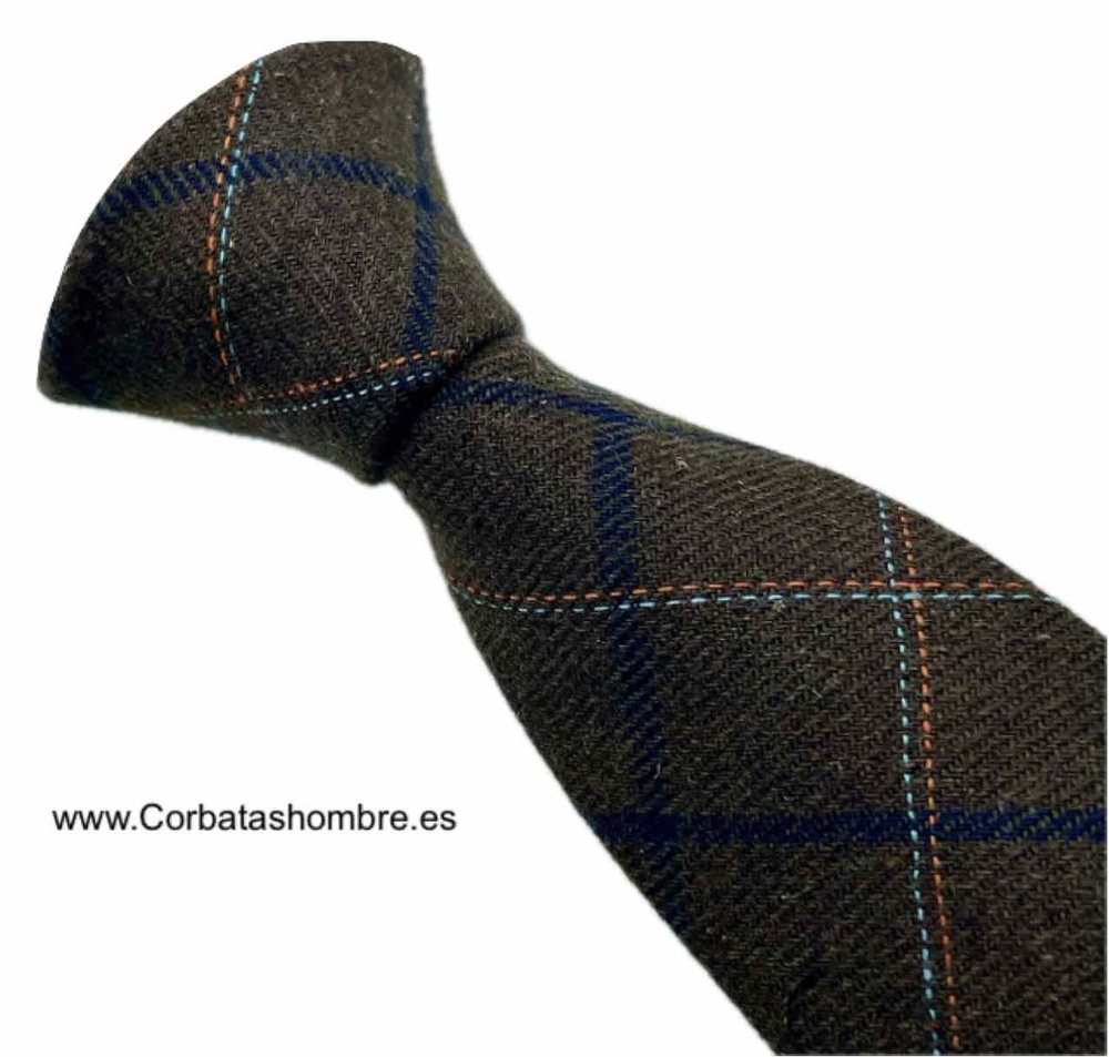 CORBATA MARRÓN ESTRECHA DE CUADROS GRANDES NARANJAS Y AZUL CLARO 