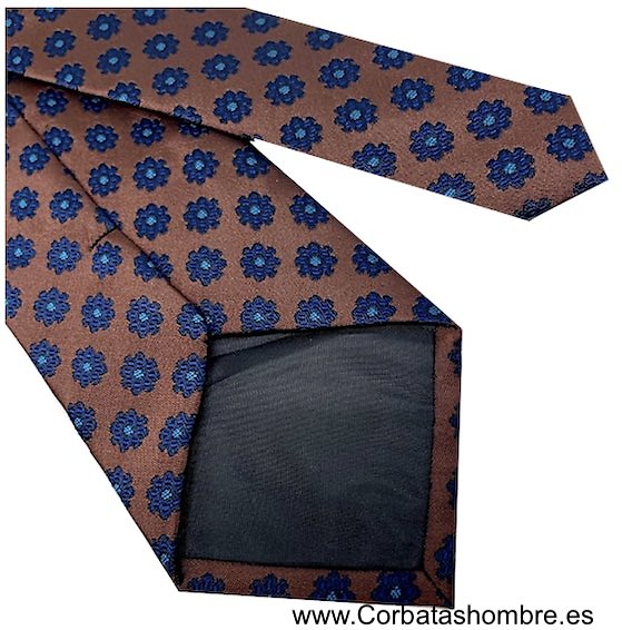 CORBATA MARRÓN TABACO CON FLORES AZUL MARINO BROCADAS 