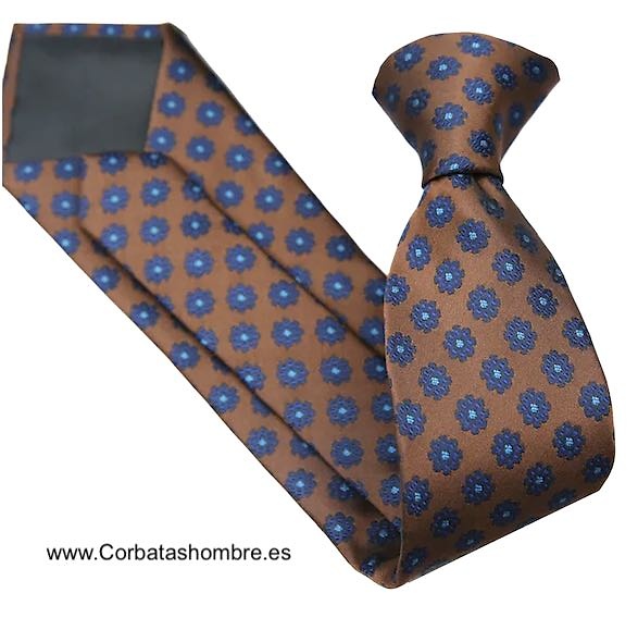 CORBATA MARRÓN TABACO CON FLORES AZUL MARINO BROCADAS 