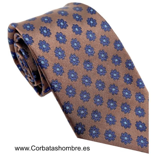 CORBATA MARRÓN TABACO CON FLORES AZUL MARINO BROCADAS 