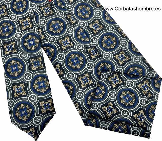 CORBATA MOSAICO DE ROSETONES AZULES Y DORADORS ENMARCADOS EN GRIS ELEGANTE 