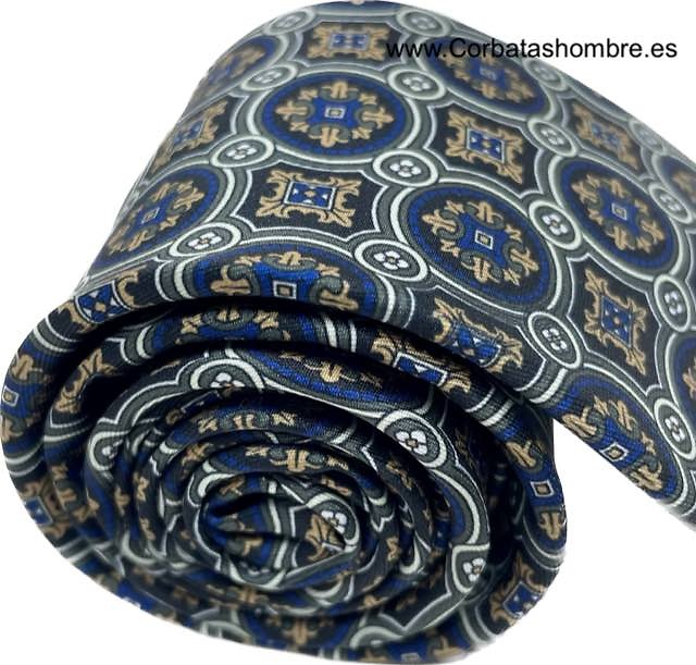 CORBATA MOSAICO DE ROSETONES AZULES Y DORADORS ENMARCADOS EN GRIS ELEGANTE 