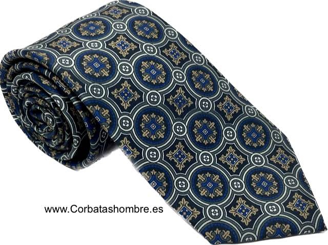 CORBATA MOSAICO DE ROSETONES AZULES Y DORADORS ENMARCADOS EN GRIS ELEGANTE 