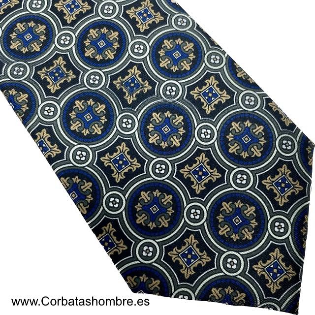 CORBATA MOSAICO DE ROSETONES AZULES Y DORADORS ENMARCADOS EN GRIS ELEGANTE 