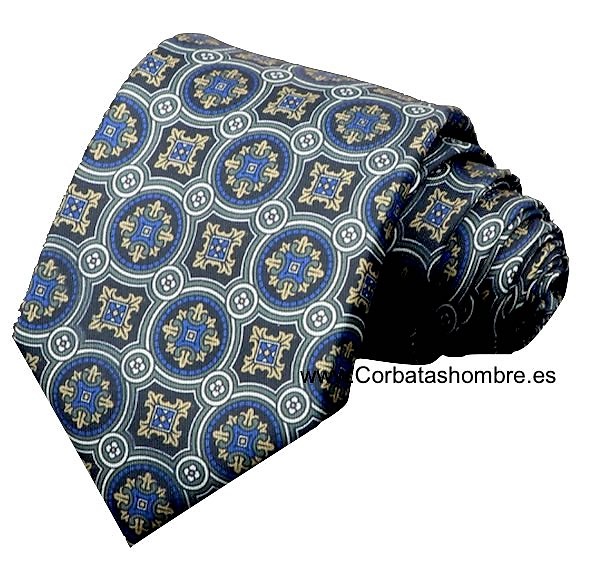 CORBATA MOSAICO DE ROSETONES AZULES Y DORADORS ENMARCADOS EN GRIS ELEGANTE 