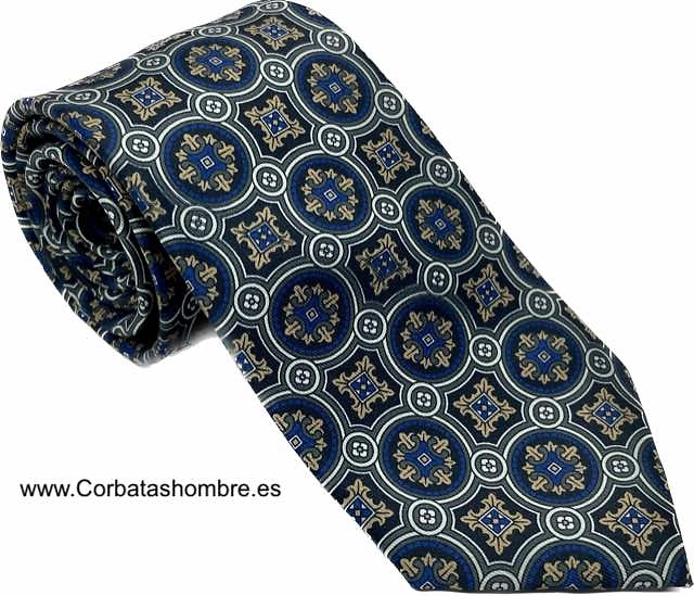 CORBATA MOSAICO DE ROSETONES AZULES Y DORADORS ENMARCADOS EN GRIS ELEGANTE 