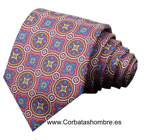 CORBATA MOSAICO DE ROSETONES AZULES Y ROJOS ENMARCADOS EN ROJO INTENSO 