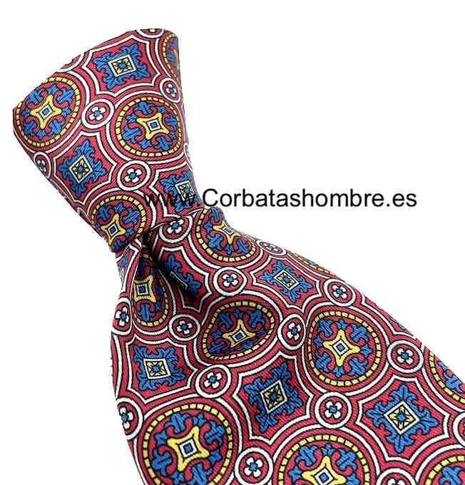 CORBATA MOSAICO DE ROSETONES AZULES Y ROJOS ENMARCADOS EN ROJO INTENSO 