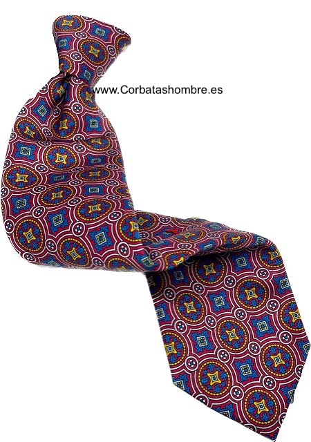 CORBATA MOSAICO DE ROSETONES AZULES Y ROJOS ENMARCADOS EN ROJO INTENSO 