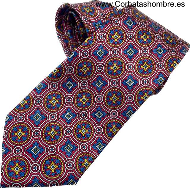 CORBATA MOSAICO DE ROSETONES AZULES Y ROJOS ENMARCADOS EN ROJO INTENSO 