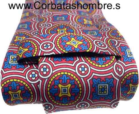 CORBATA MOSAICO DE ROSETONES AZULES Y ROJOS ENMARCADOS EN ROJO INTENSO 