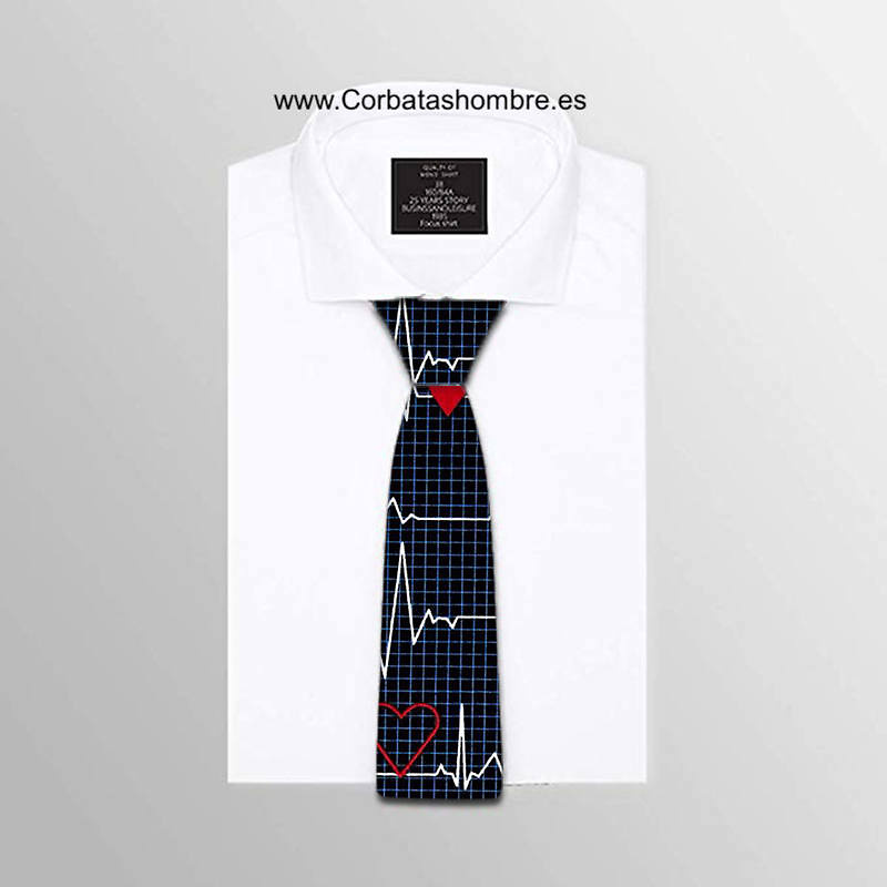 CORBATA NEGRA CON ORIGINAL DIBUJO DE CORAZÓN Y ELECTROCARDIOGRAMA 