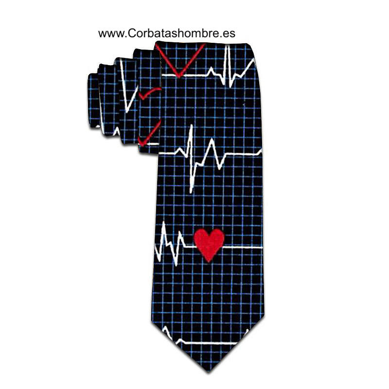 CORBATA NEGRA CON ORIGINAL DIBUJO DE CORAZÓN Y ELECTROCARDIOGRAMA 