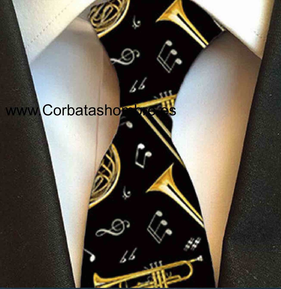 CORBATA NEGRA CON TROMPETAS E INSTRUMENTOS DE VIENTO DORADOS 