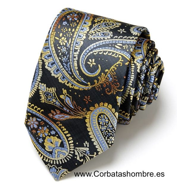 CORBATA NEGRA DE CACHEMIRES DORADOS COMBINADOS 