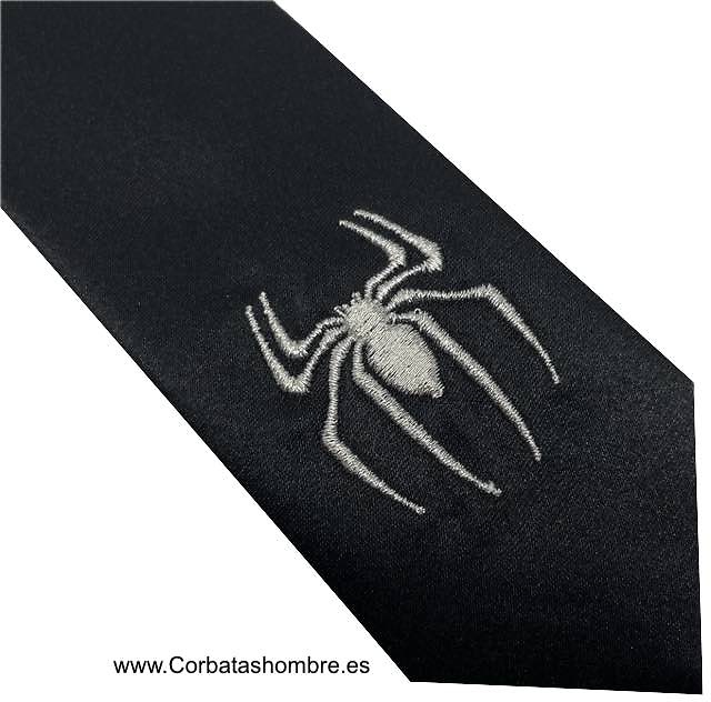 CORBATA NEGRA MUY ESTRECHA CON ARAÑA BORDADA EN HILO PLATEADO 