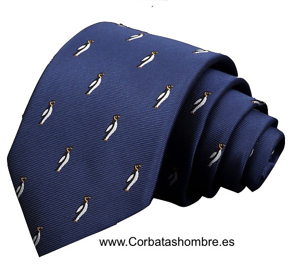 CORBATA PINGÜINOS BLANCOS Y NEGROS SOBRE FONDO AZUL MARINO 