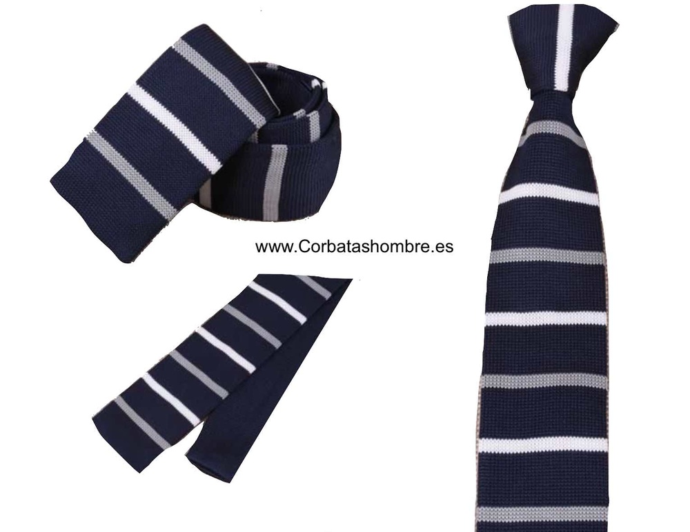 CORBATA PUNTO AZUL MARINO A RAYAS BLANCAS Y GRISES 