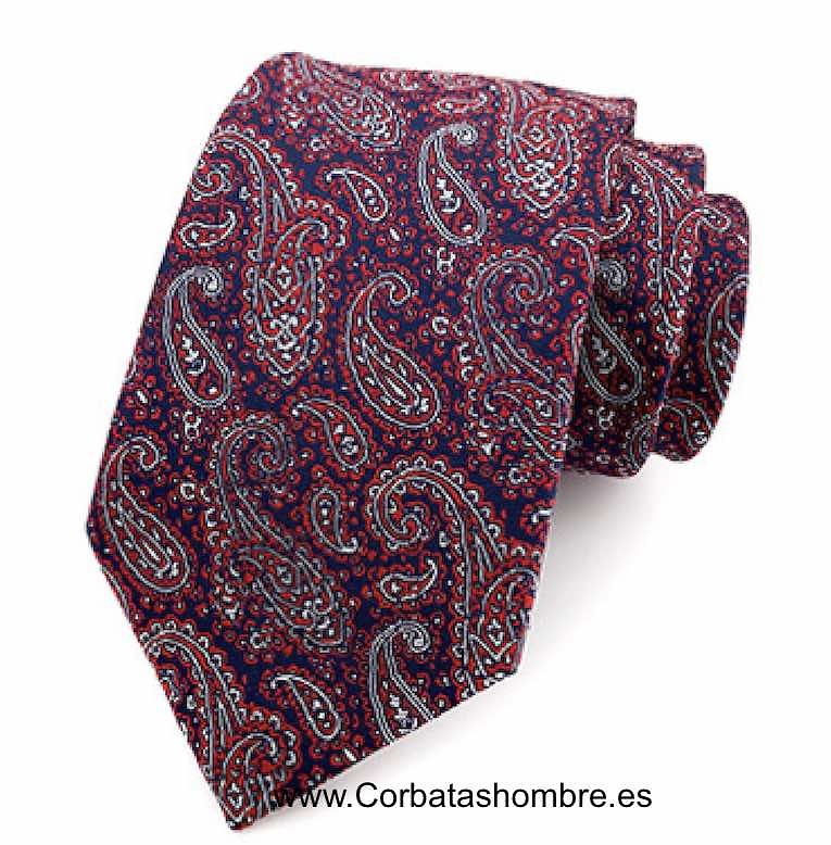 CORBATA ROJA CON DIBUJOS DE PASLEY CACHEMIR SOBRE FONDO AZUL MARINO 