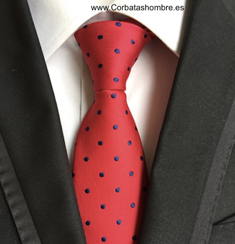 CORBATA ROJA CON LUNARES AZUL MARINO ELEGANTES