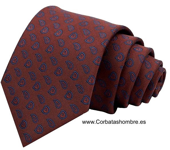 CORBATA ROJO AGRANATADO DE CACHEMIRES PEQUEÑOS AZULES 