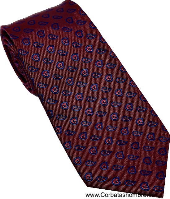 CORBATA ROJO AGRANATADO DE CACHEMIRES PEQUEÑOS AZULES 