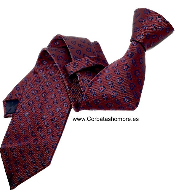 CORBATA ROJO AGRANATADO DE CACHEMIRES PEQUEÑOS AZULES 