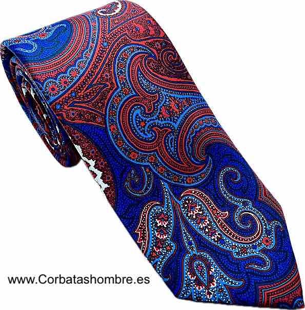 CORBATA ROJO INTENSO Y AZULONA DE CACHEMIRES ELEGANTÍSIMA 