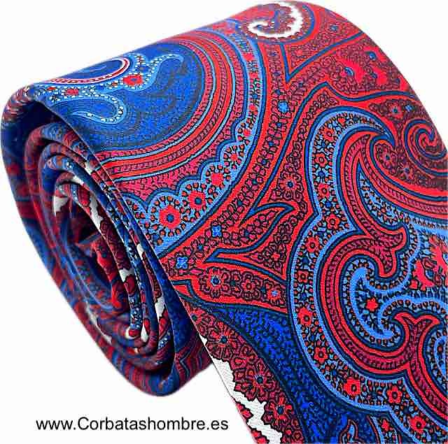 CORBATA ROJO INTENSO Y AZULONA DE CACHEMIRES ELEGANTÍSIMA 