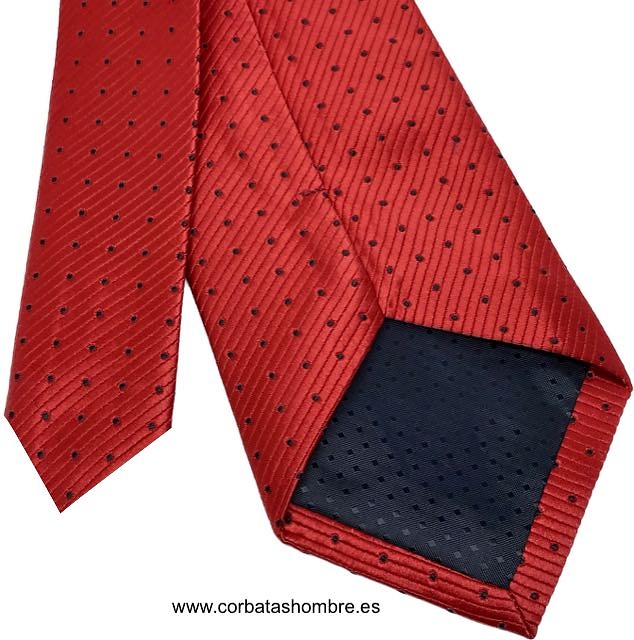 CORBATA ROJO VIVO CON TOPOS NEGROS MUY PEQUEÑOS 