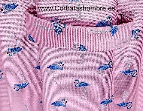 CORBATA ROSA CLARO DE FLAMENCOS AZULES 