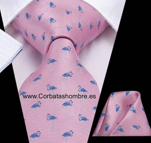 CORBATA ROSA CLARO DE FLAMENCOS AZULES 