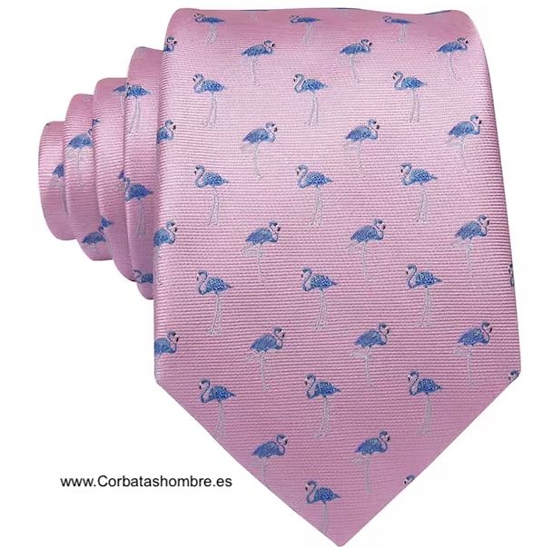 CORBATA ROSA CLARO DE FLAMENCOS AZULES 