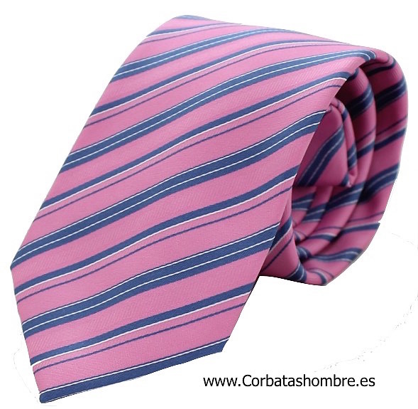 CORBATA ROSA CON RAYAS AZULES DE DISTINTOS GROSORES 