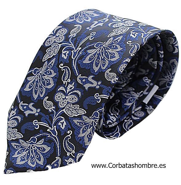 CORBATA SEDA NEGRA CON BLANCO Y AZULÓN 