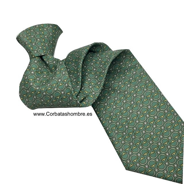 CORBATA VERDE CLARO CON DIBUJO DE ESPUELAS DORADAS 